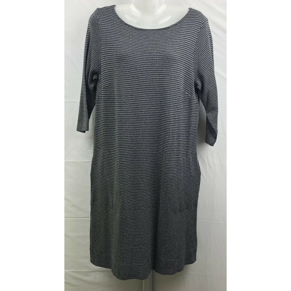 J Jill Ponte Dress Women Small Black White Print Stretch Knit 3/4 Sleeve Pockets